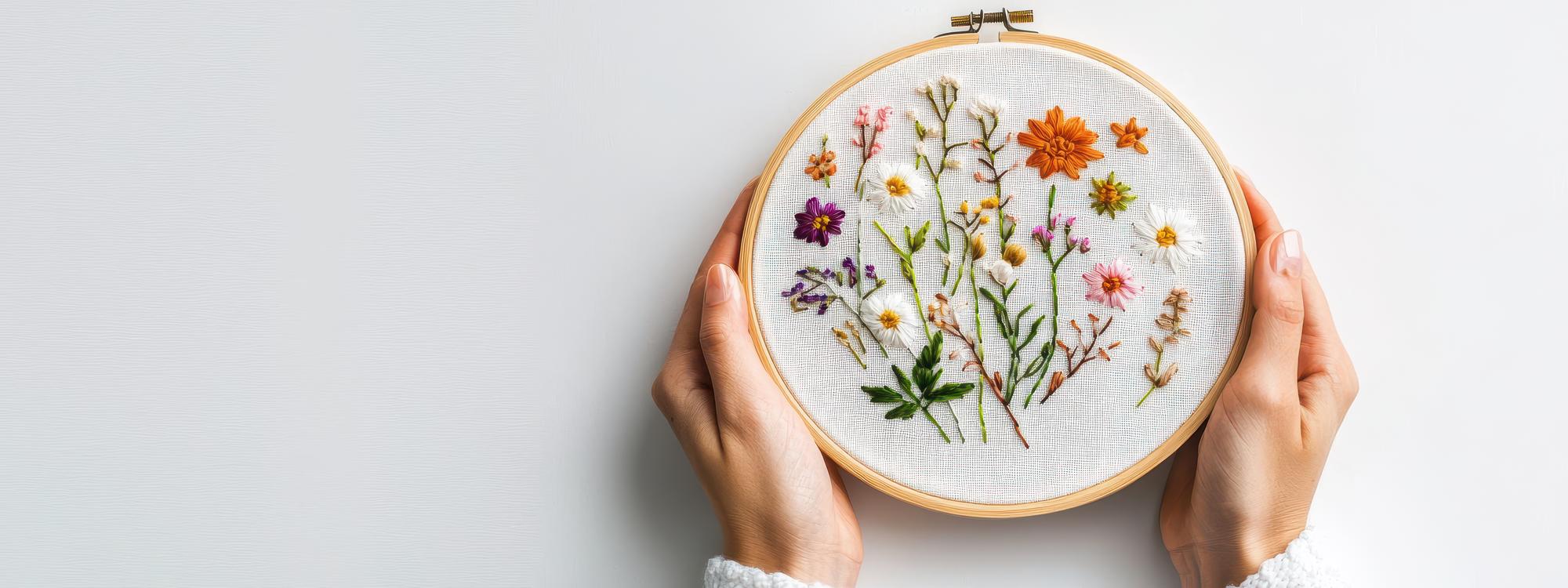 mano che ricama un fiore colorato su tessuto